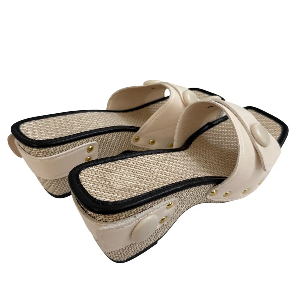 Cream Button Raffia Platform Slide‎ Sandals Square Toe Wedge Heels Size 42 US 9